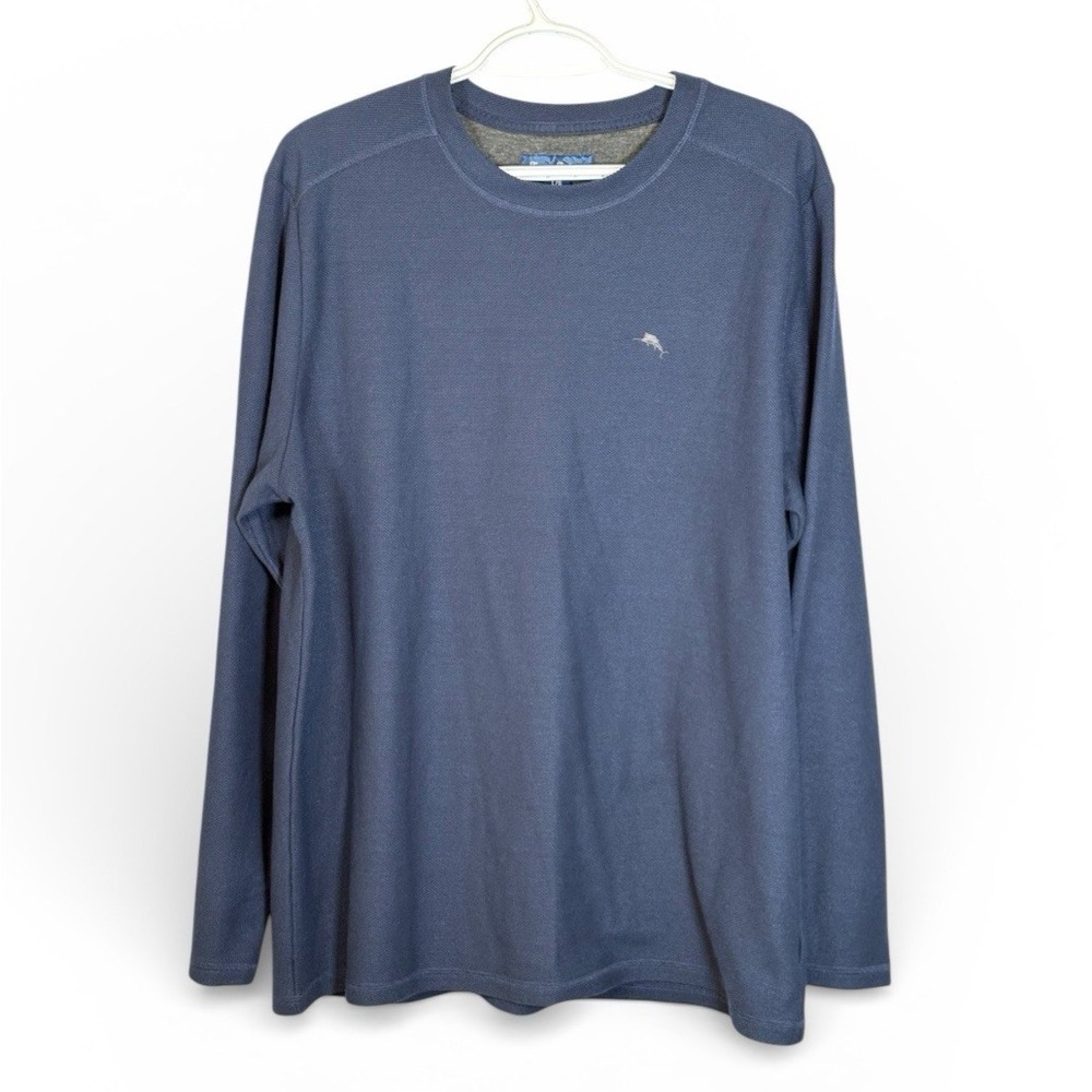 Tommy Bahama Mens Long Sleeve Crew Neck T Shirt Blue Large Polyester Rayon